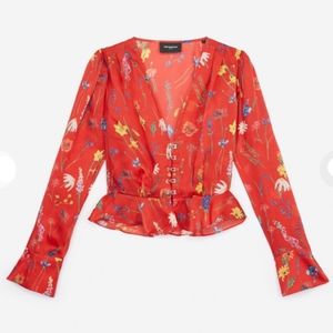 THE KOOPLES Spring Bloom Floral Red Crepe V-Neck Peasant Top with Clasp Closure